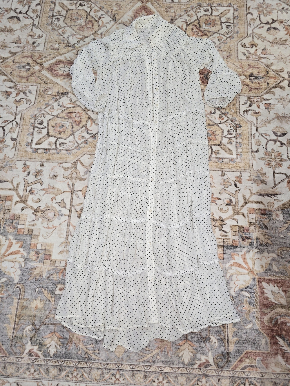Anthropologie Smocked Tiered Maxi Dress with Black Polka Dots